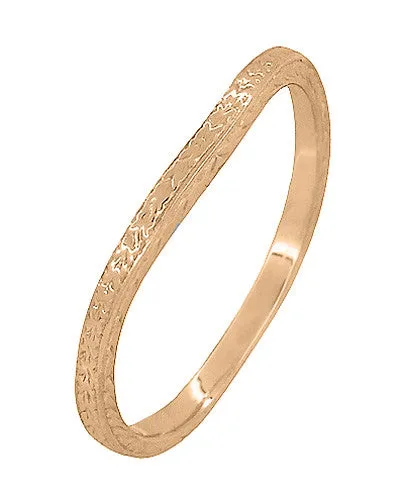 14 Karat Rose Gold Art Deco Engraved Wheat Thin Curved Wedding Ring