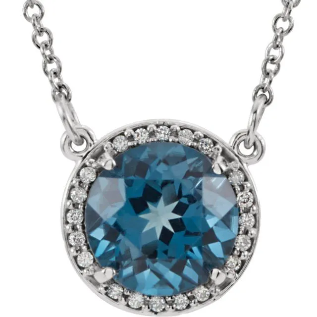 14k Gold 6mm Round Gemstone & Diamond 16" Halo Necklaces