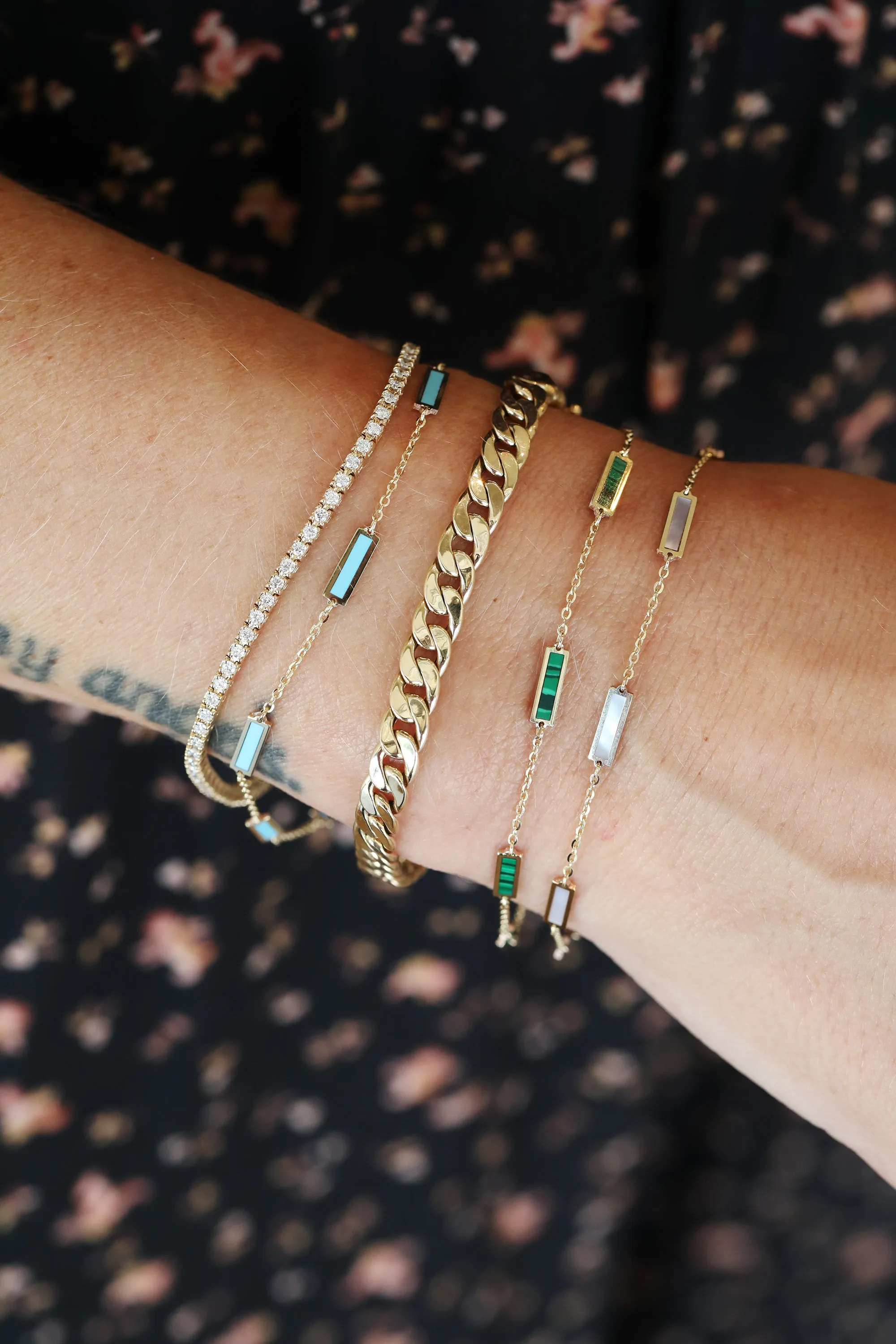 14K Gold Mother of Pearl Inlay Rectangle Station Bracelet
