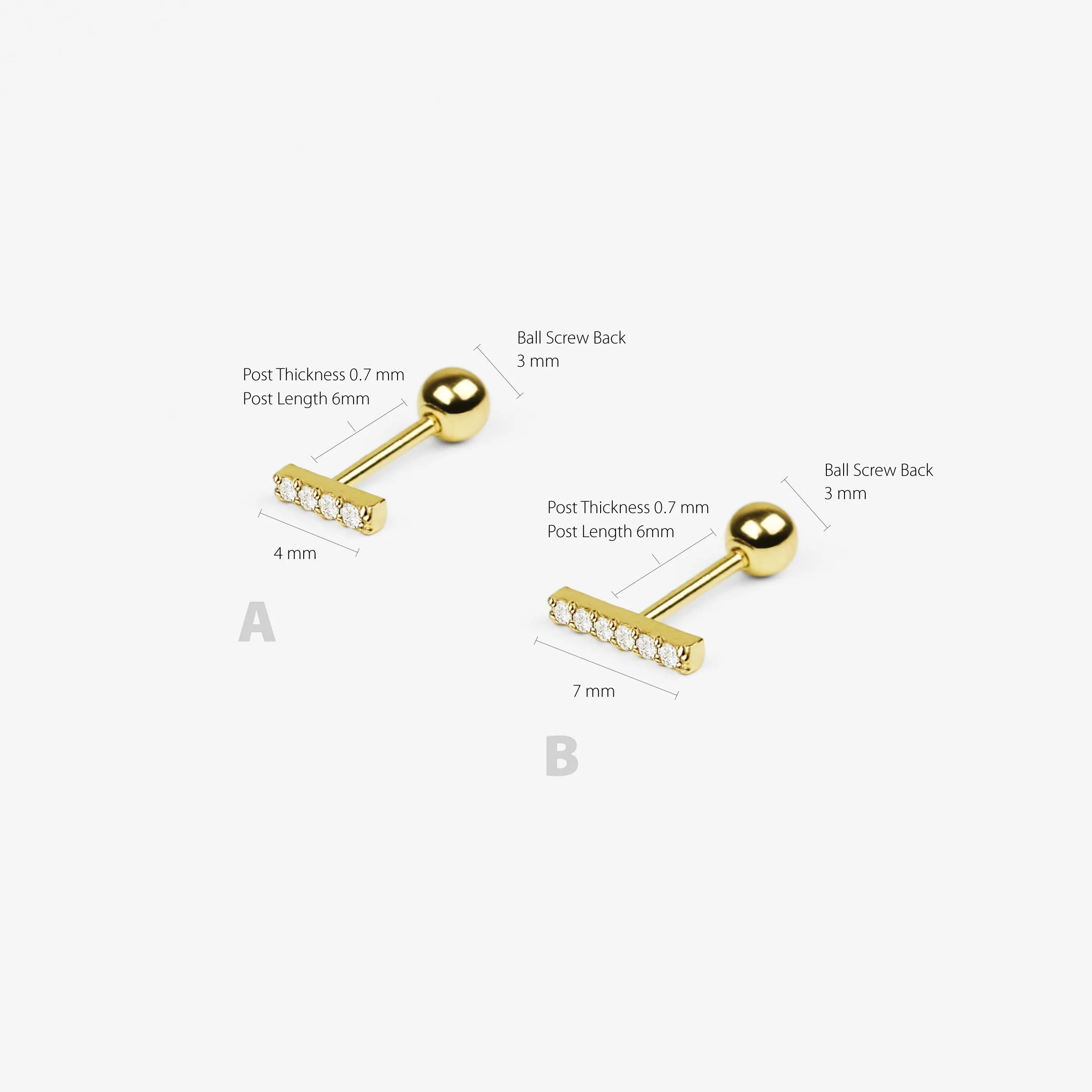 14k Solid Gold CZ Bar Stud Earring