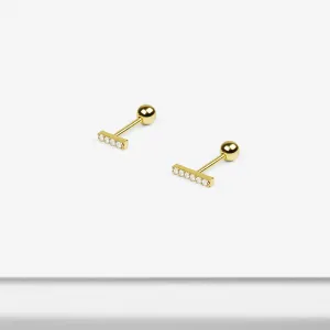 14k Solid Gold CZ Bar Stud Earring