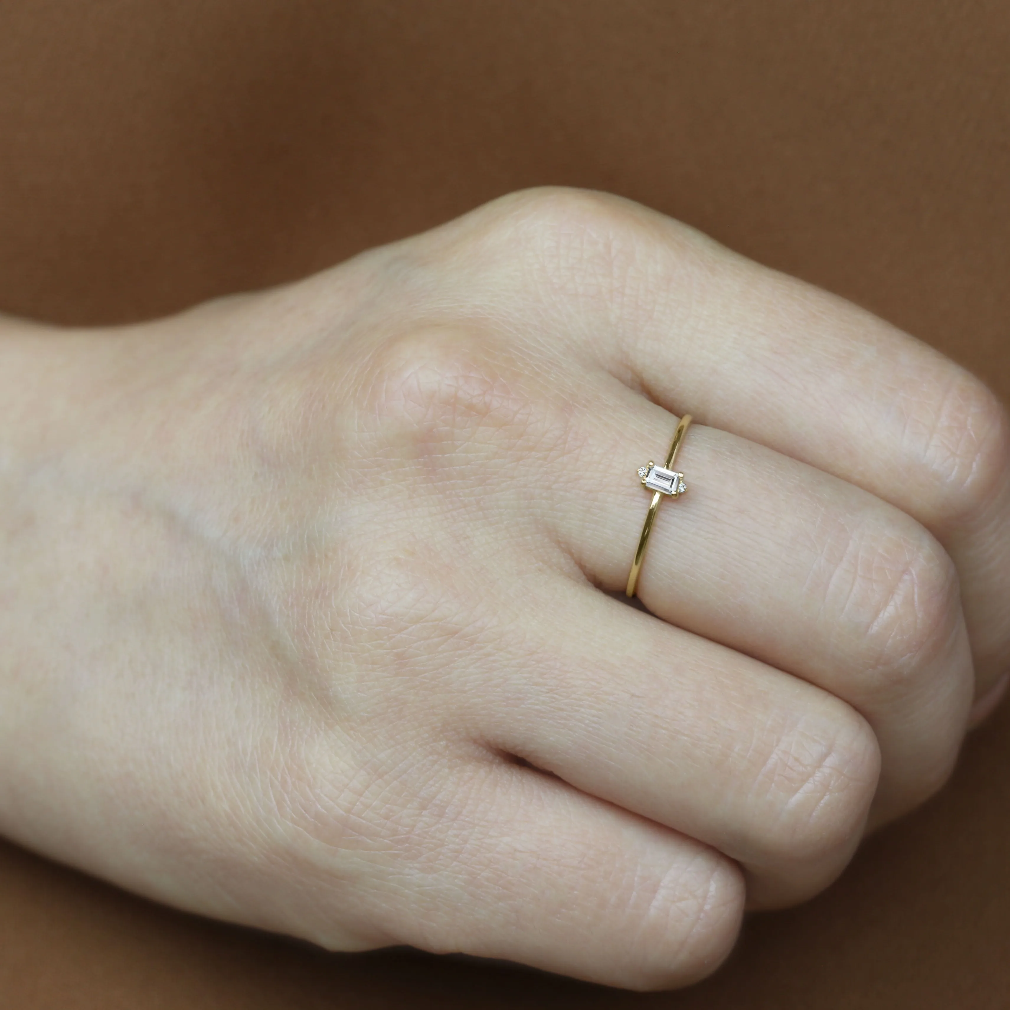 14k Solid Gold Dainty Baguette CZ Ring