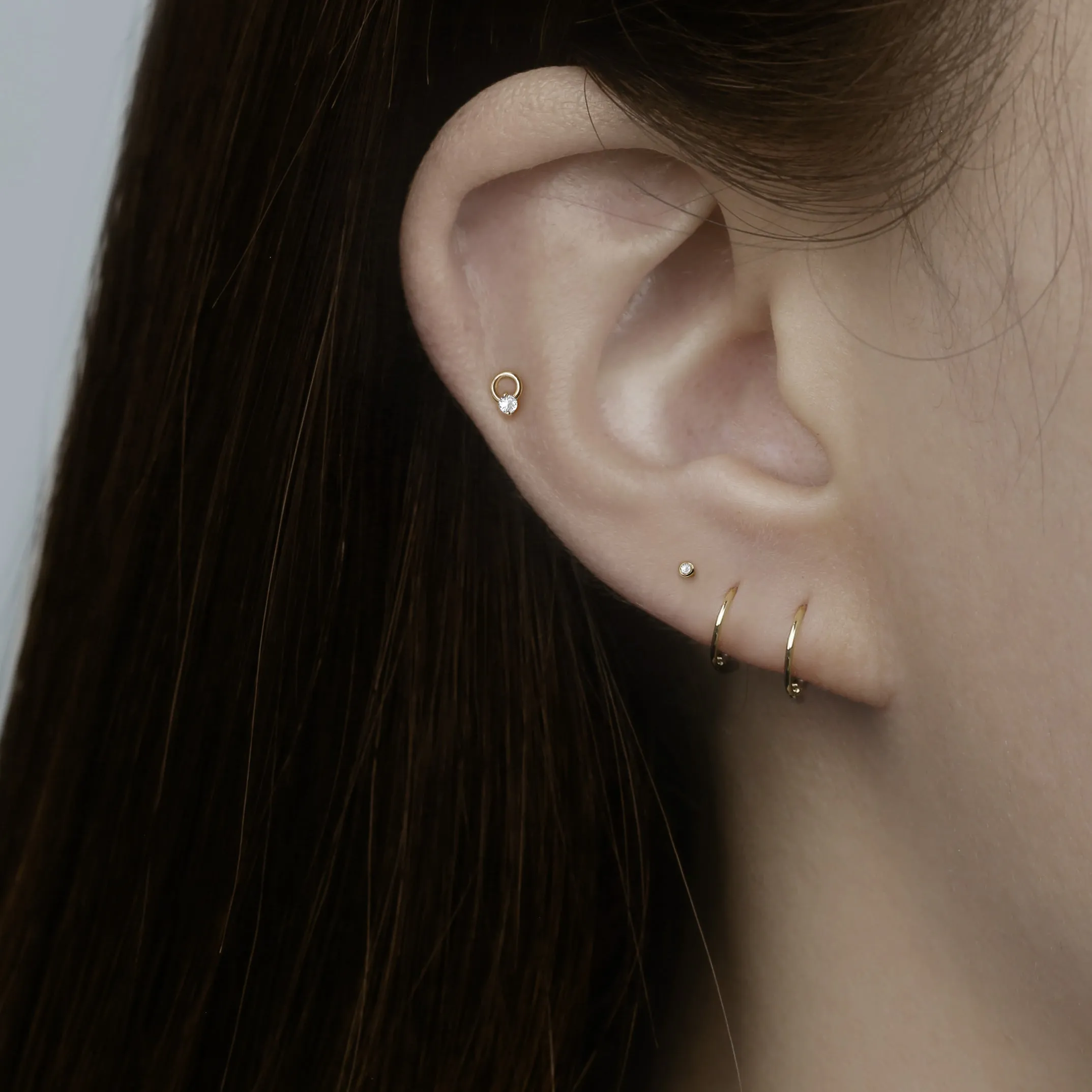14k Solid Gold Open Circle CZ Point Stud Earring