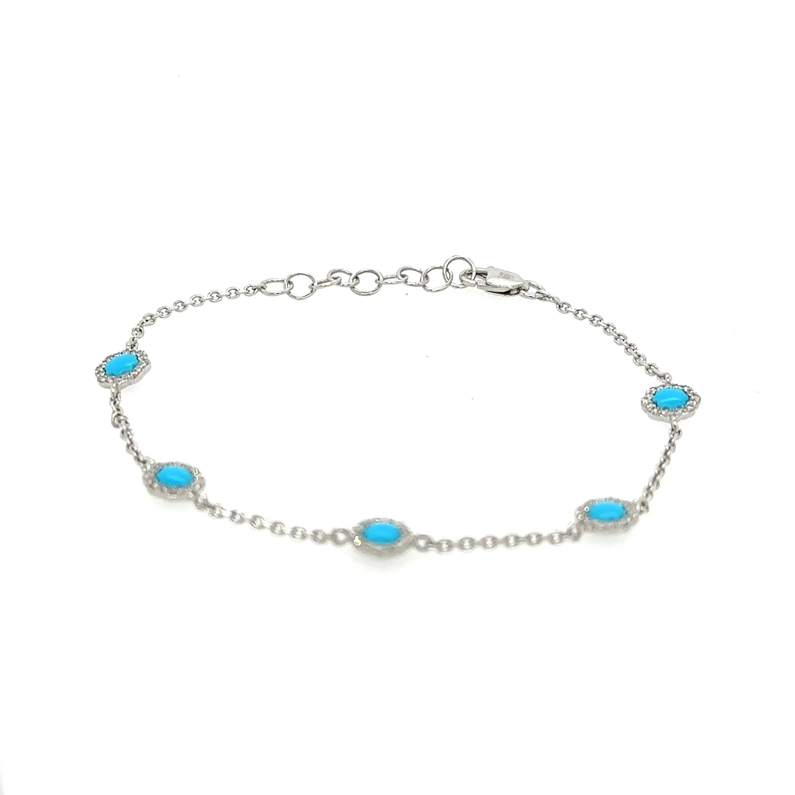 14K White Gold Turquoise And Diamond Dainty Bracelet