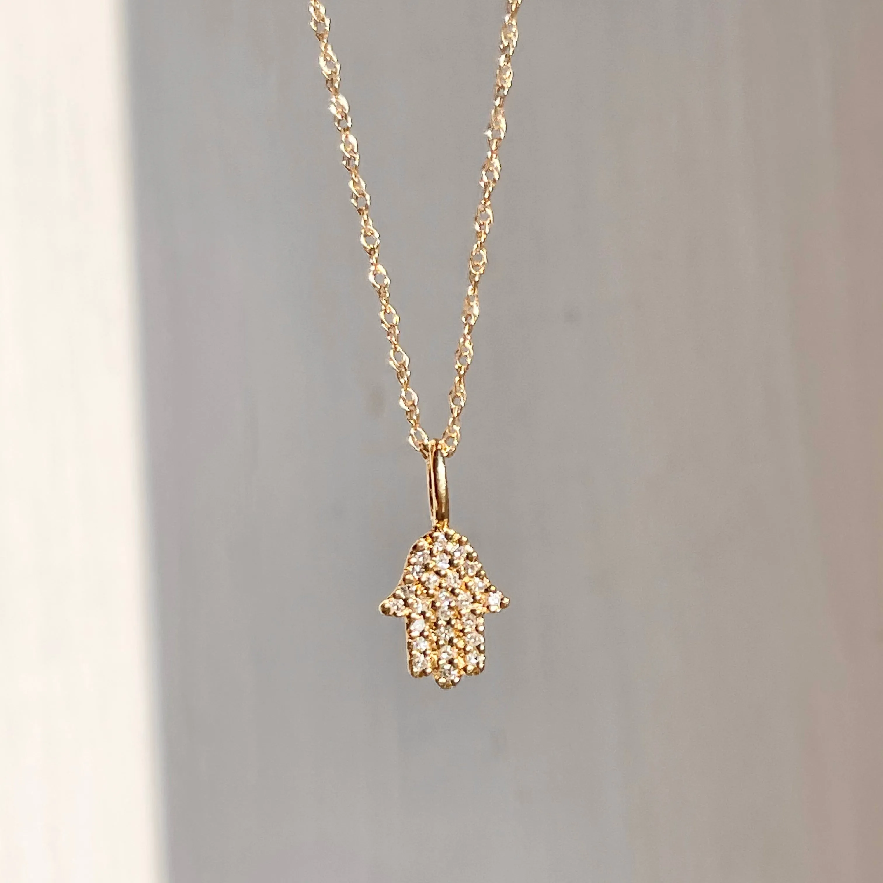 14KT Yellow Gold Pave Diamond Hamsa Mini Pendant Necklace