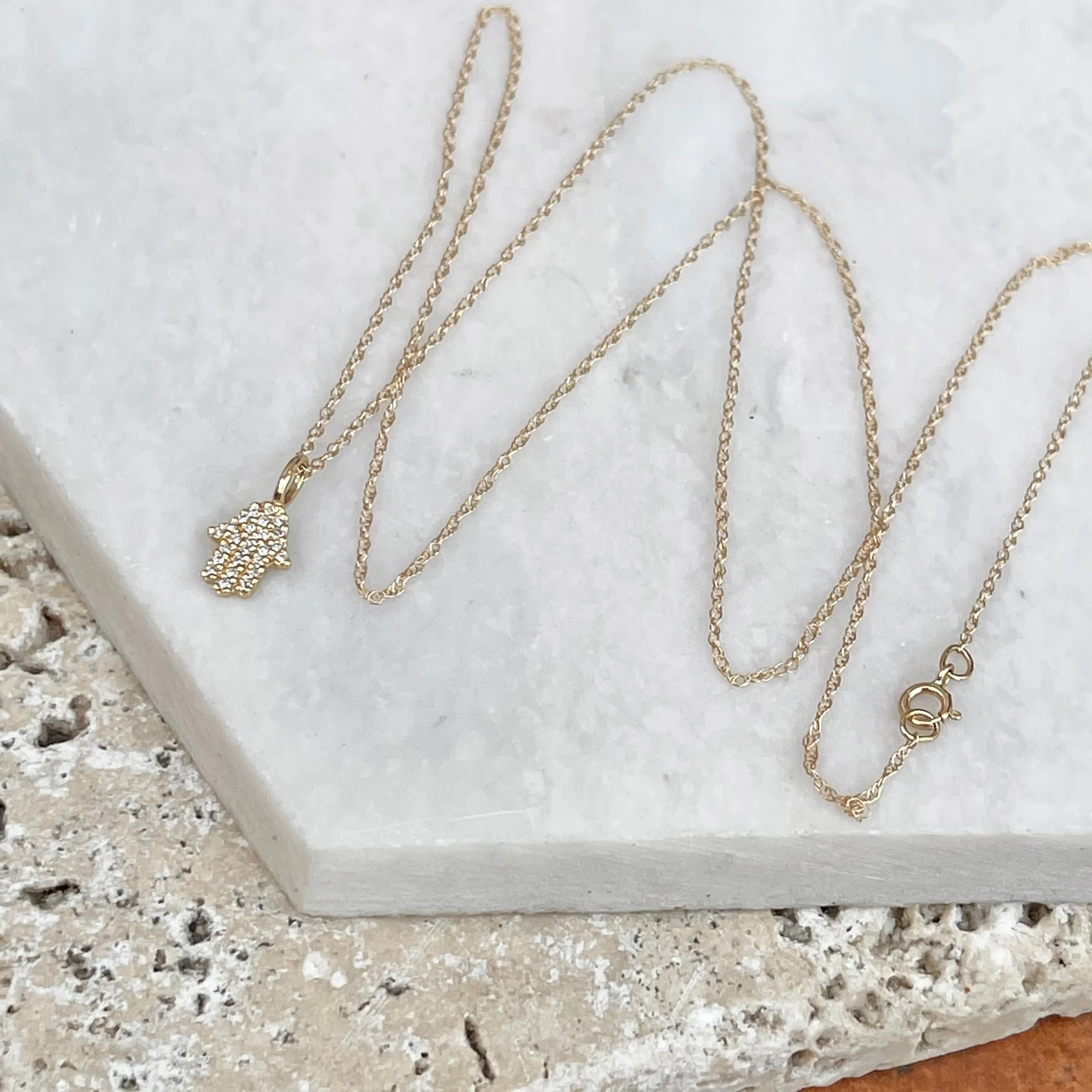14KT Yellow Gold Pave Diamond Hamsa Mini Pendant Necklace