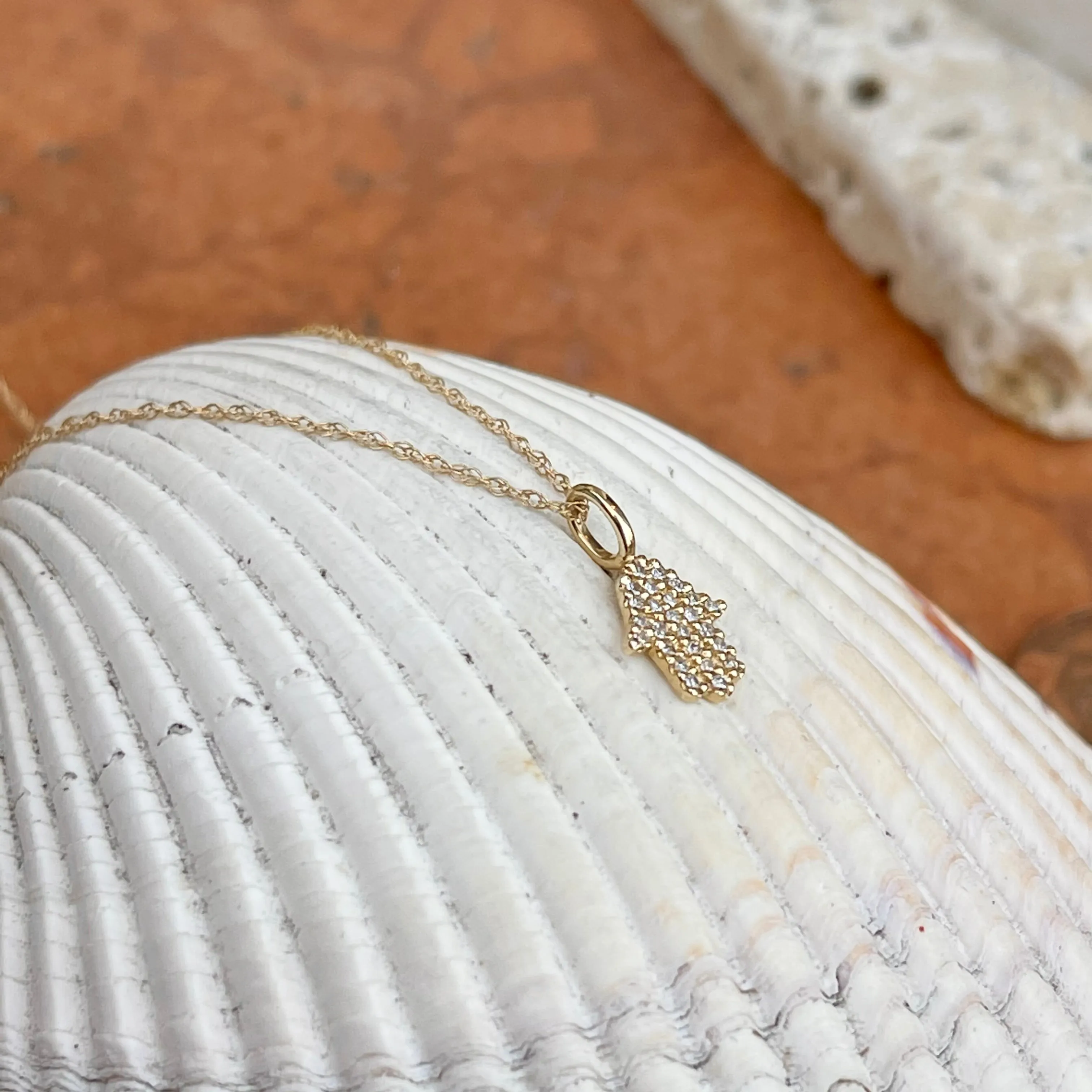 14KT Yellow Gold Pave Diamond Hamsa Mini Pendant Necklace