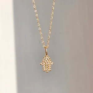 14KT Yellow Gold Pave Diamond Hamsa Mini Pendant Necklace