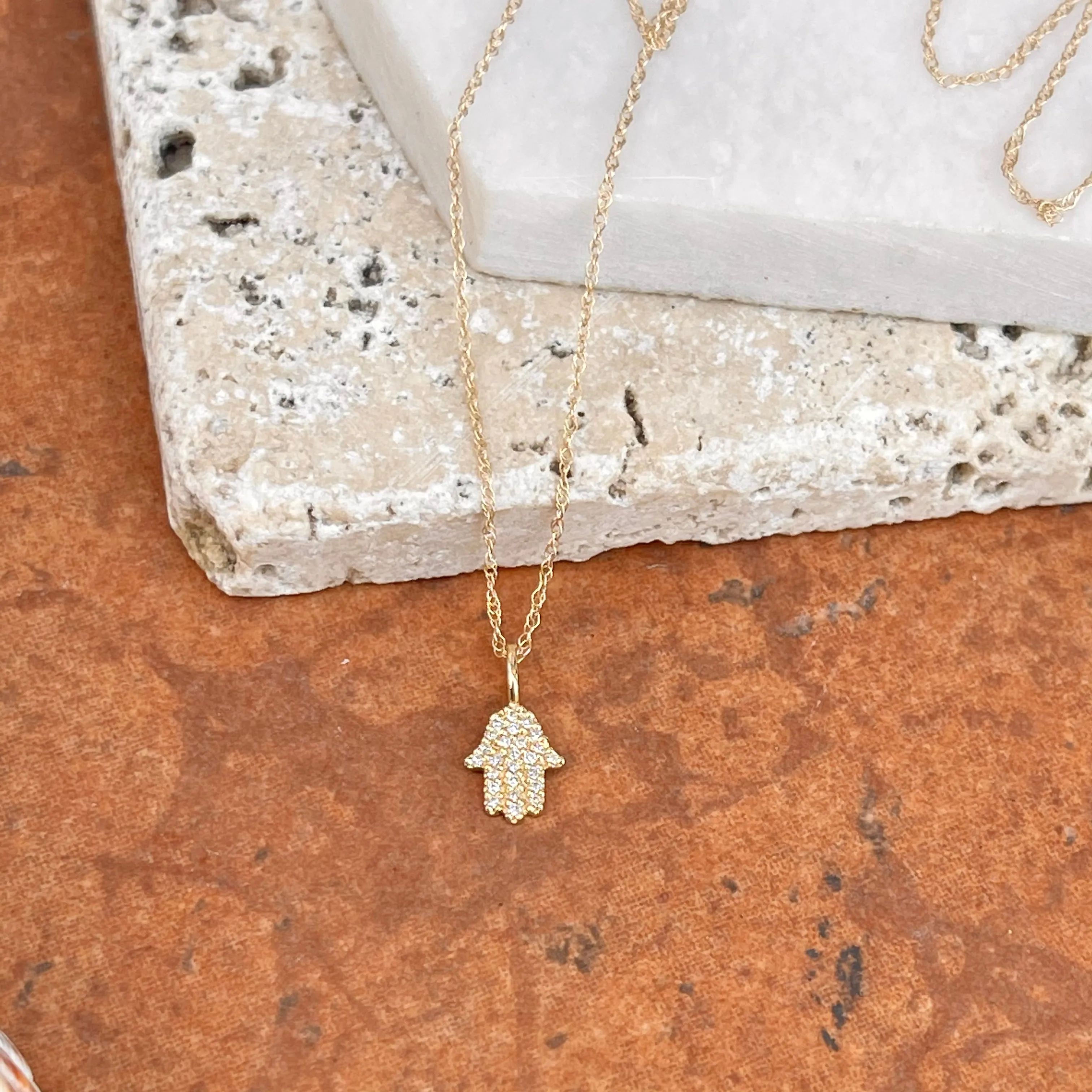 14KT Yellow Gold Pave Diamond Hamsa Mini Pendant Necklace