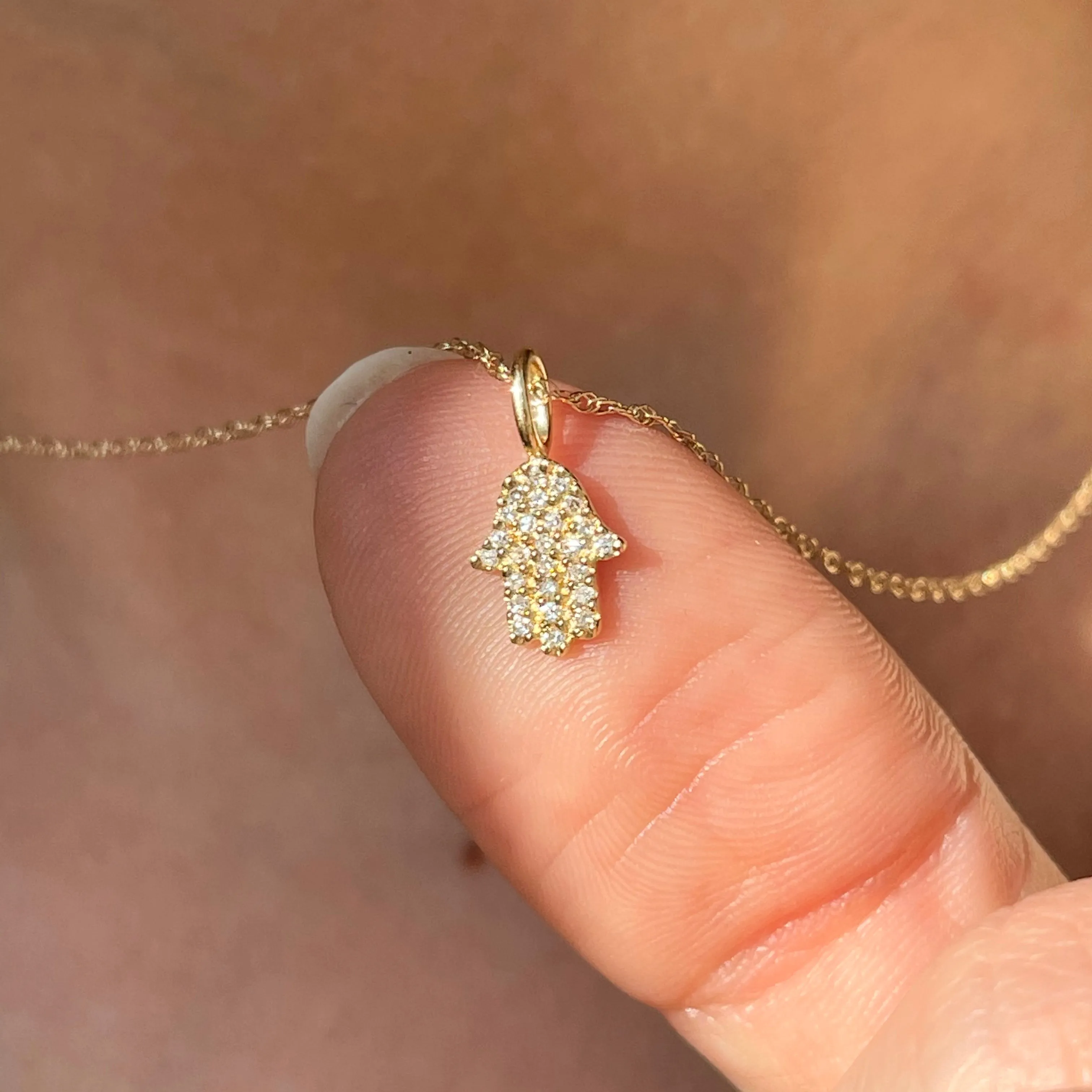 14KT Yellow Gold Pave Diamond Hamsa Mini Pendant Necklace