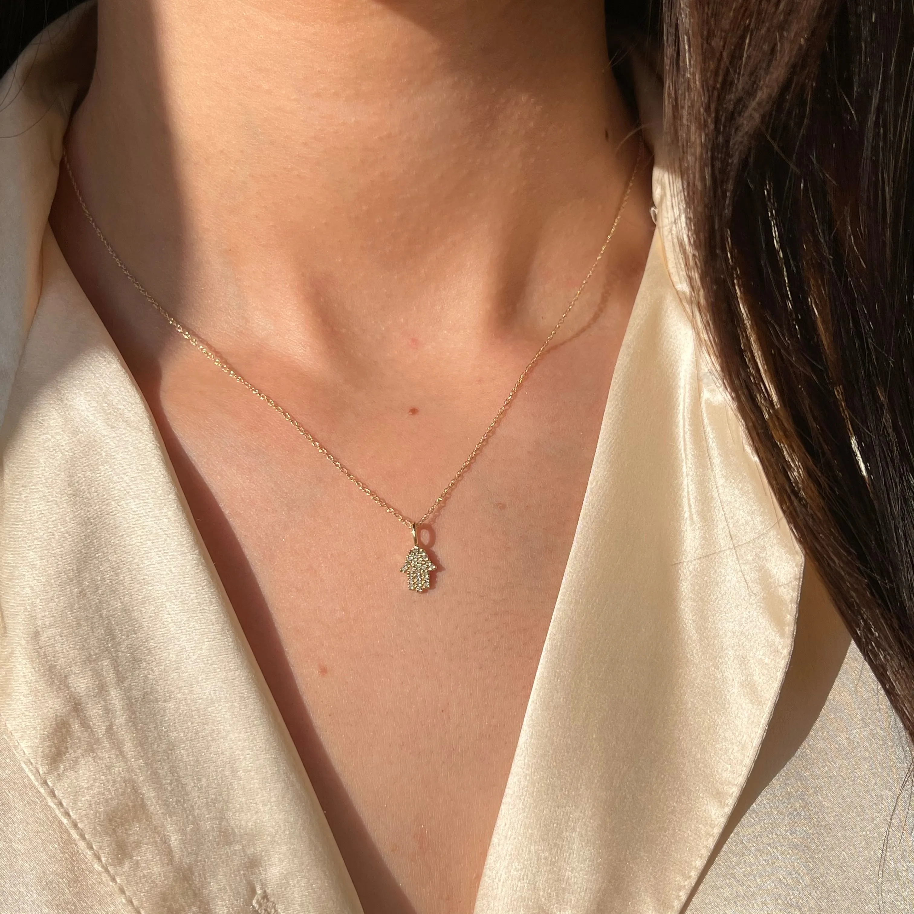 14KT Yellow Gold Pave Diamond Hamsa Mini Pendant Necklace