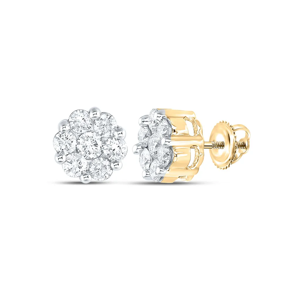 14kt Yellow Gold Womens Round Diamond Large Flower Cluster Stud Earrings 1-1/2 Cttw