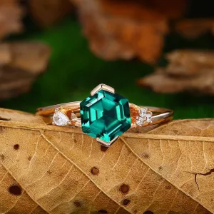 1.7 CT Hexagon Cut  Unique Design 18k Rose Gold Emerald Engagement Ring