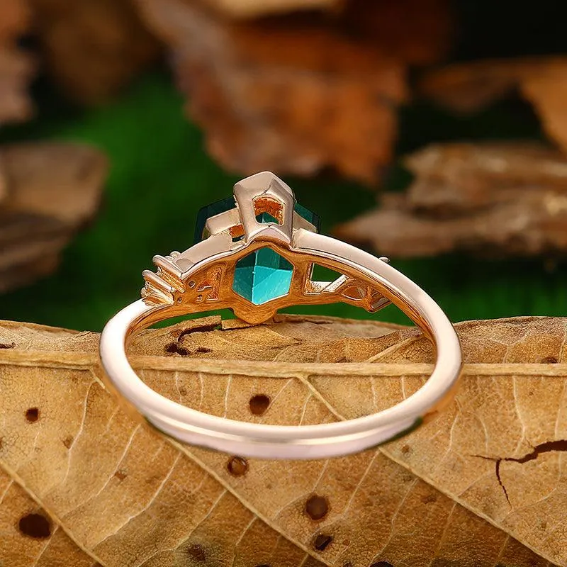 1.7 CT Hexagon Cut  Unique Design 18k Rose Gold Emerald Engagement Ring