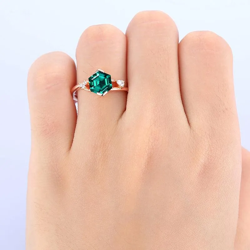 1.7 CT Hexagon Cut  Unique Design 18k Rose Gold Emerald Engagement Ring