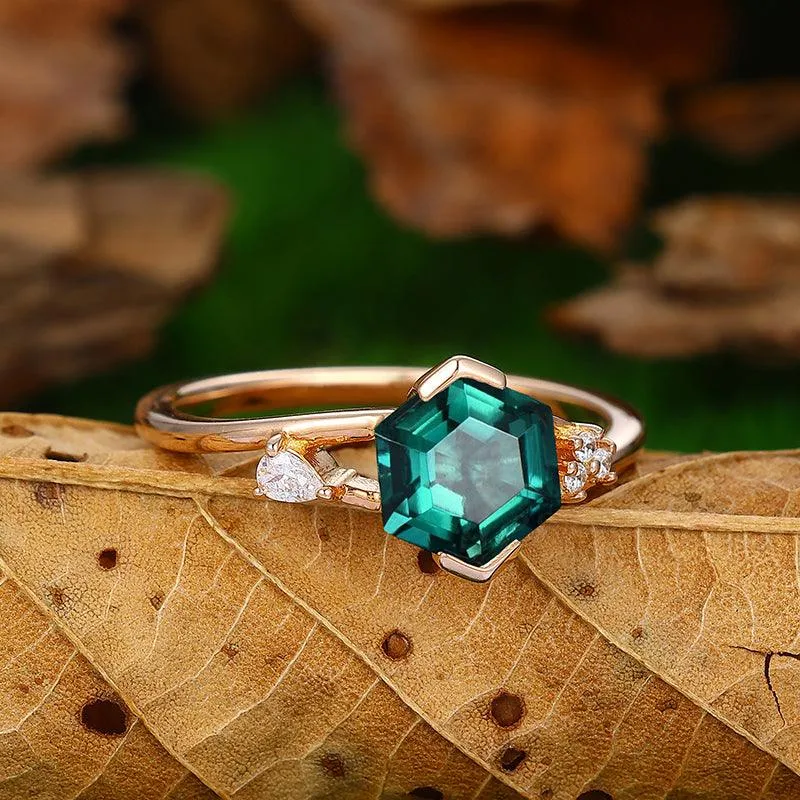 1.7 CT Hexagon Cut  Unique Design 18k Rose Gold Emerald Engagement Ring