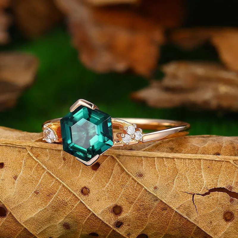 1.7 CT Hexagon Cut  Unique Design 18k Rose Gold Emerald Engagement Ring