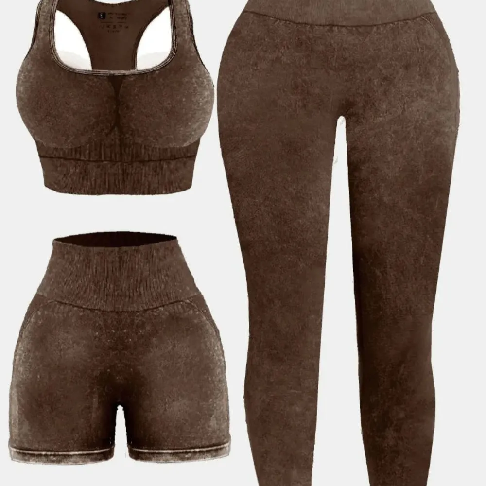 3 Piece Washed Square Neck Wide Strap Active Set