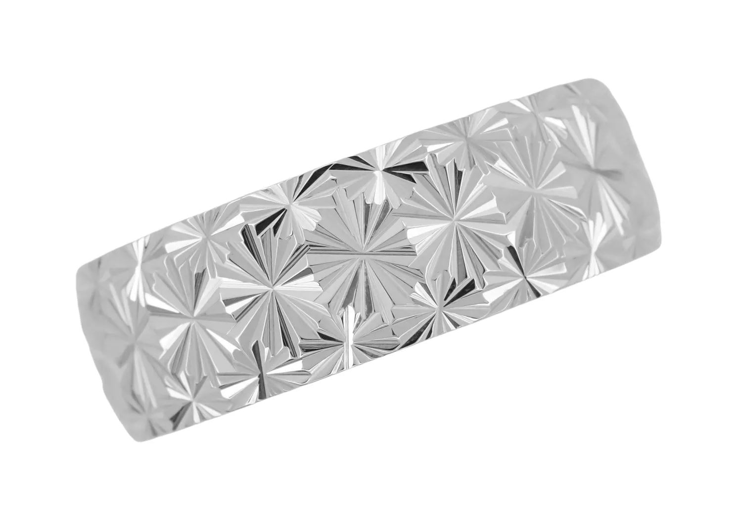 8mm Wide Vintage Starbursts Engraved Mid Century Modern White Gold Wedding Ring