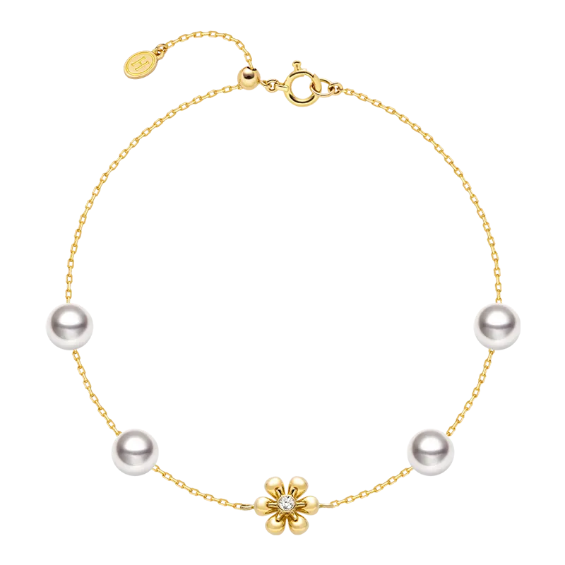 Akoya Pearl 18K Gold Diamond Flower Core Dainty Bracelet