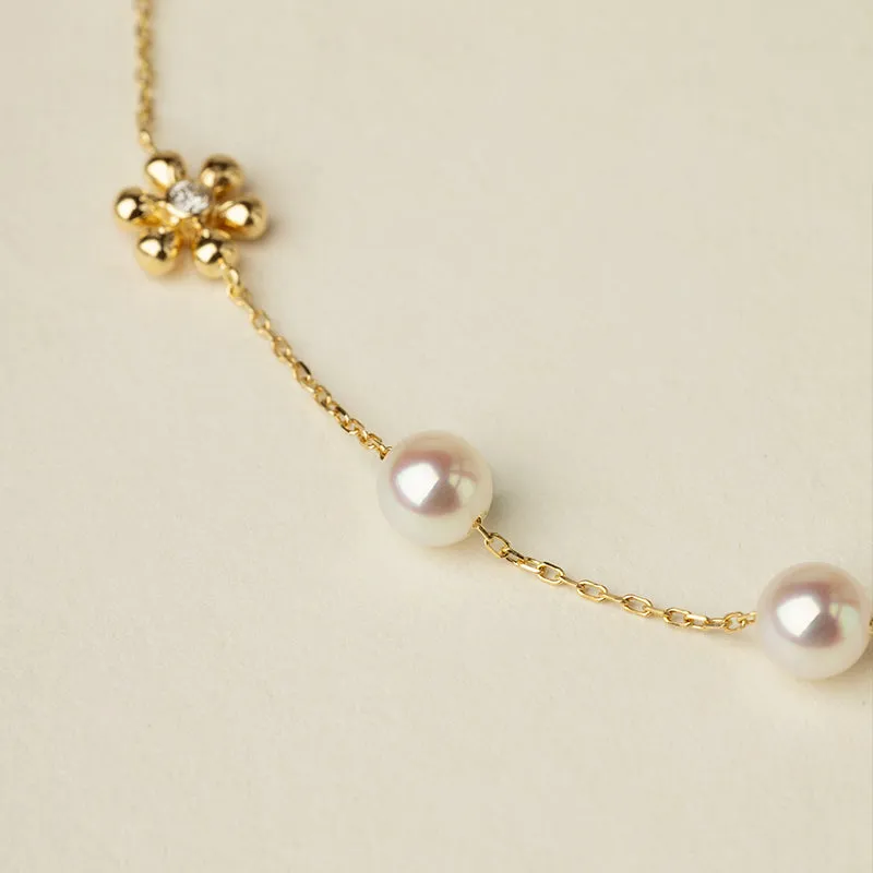 Akoya Pearl 18K Gold Diamond Flower Core Dainty Bracelet