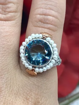 Aquamarine & Seed Pearl Ring, Size 9, Victorian Filigree Jewelry #D238 - Ready to Ship