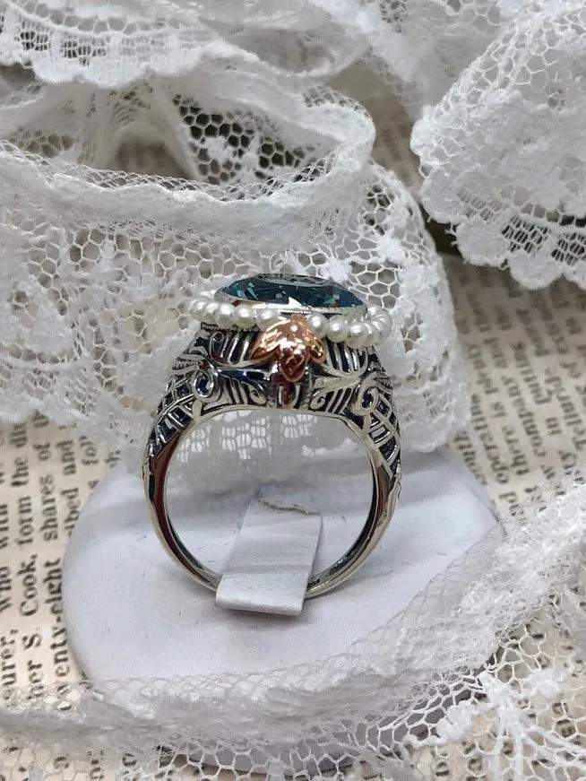 Aquamarine & Seed Pearl Ring, Size 9, Victorian Filigree Jewelry #D238 - Ready to Ship