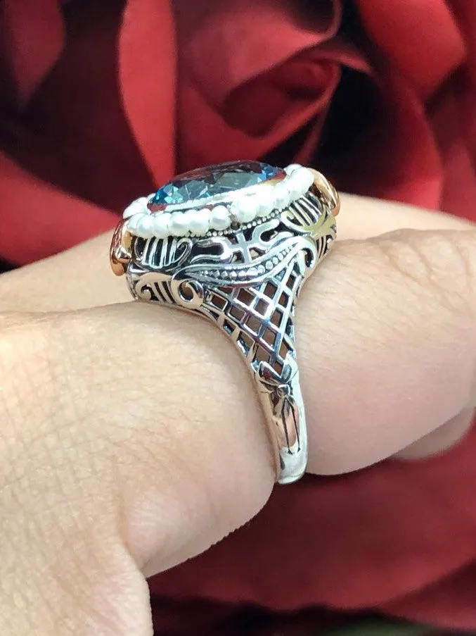 Aquamarine & Seed Pearl Ring, Size 9, Victorian Filigree Jewelry #D238 - Ready to Ship