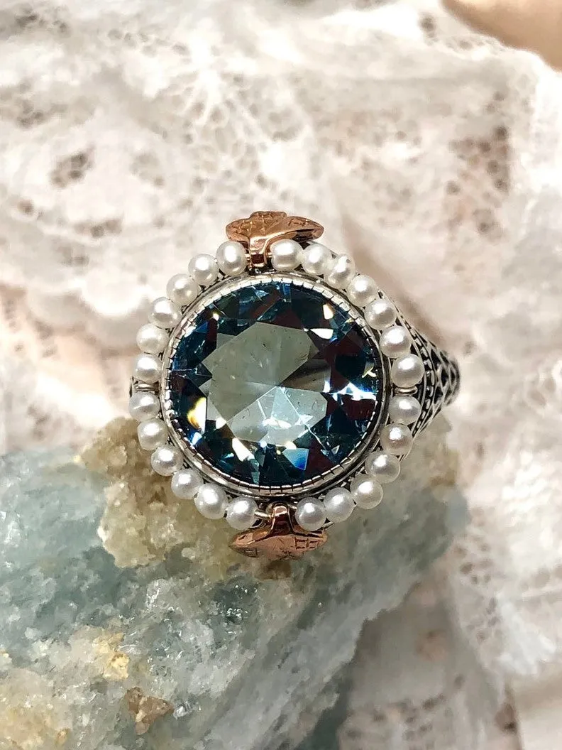 Aquamarine & Seed Pearl Ring, Size 9, Victorian Filigree Jewelry #D238 - Ready to Ship
