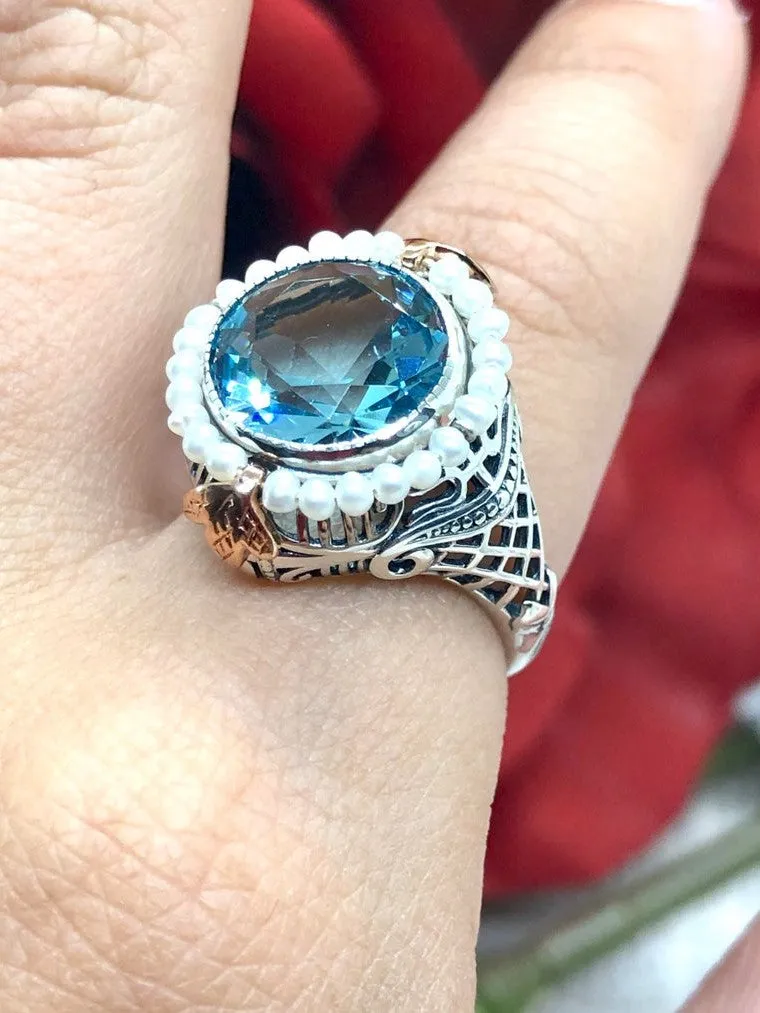 Aquamarine & Seed Pearl Ring, Size 9, Victorian Filigree Jewelry #D238 - Ready to Ship