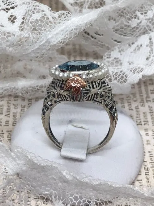 Aquamarine & Seed Pearl Ring, Size 9, Victorian Filigree Jewelry #D238 - Ready to Ship