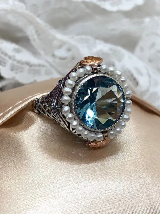 Aquamarine & Seed Pearl Ring, Size 9, Victorian Filigree Jewelry #D238 - Ready to Ship