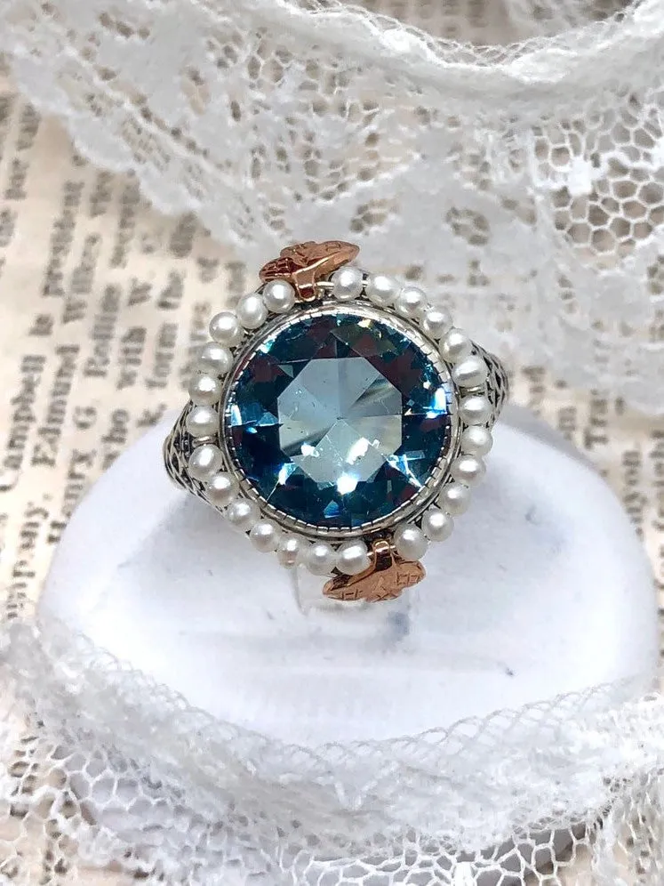Aquamarine & Seed Pearl Ring, Size 9, Victorian Filigree Jewelry #D238 - Ready to Ship