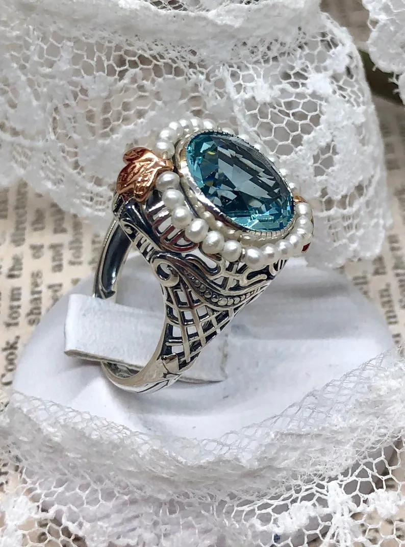 Aquamarine & Seed Pearl Ring, Size 9, Victorian Filigree Jewelry #D238 - Ready to Ship