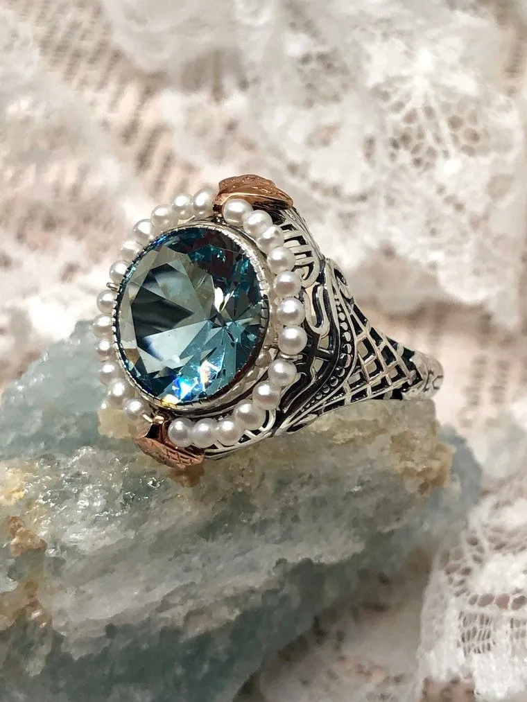 Aquamarine & Seed Pearl Ring, Size 9, Victorian Filigree Jewelry #D238 - Ready to Ship