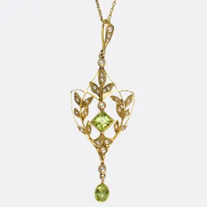Art Nouveau Peridot & Pearl Lavaliere Pendant