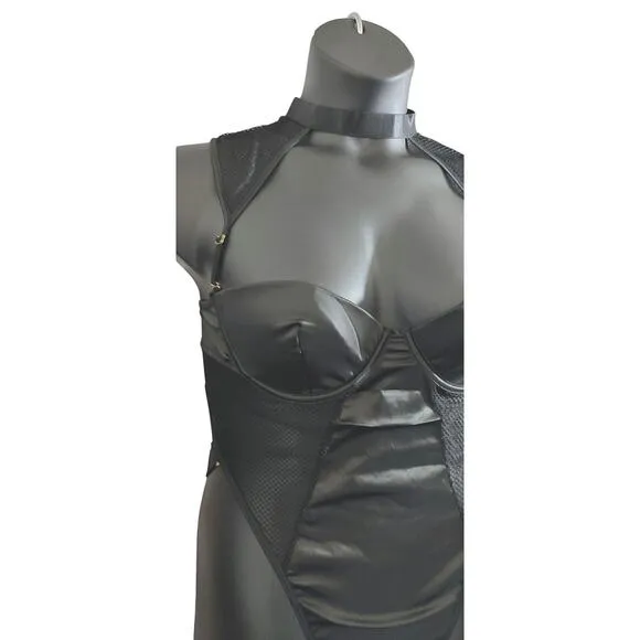 Bexley Satin and Fishnet Teddy Size Large Black New