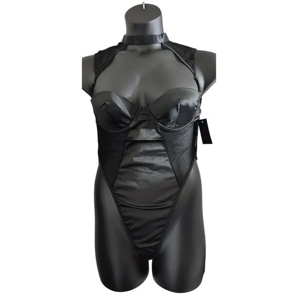 Bexley Satin and Fishnet Teddy Size Large Black New