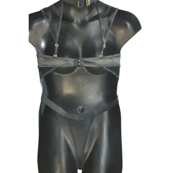 Bexley Satin and Fishnet Teddy Size Large Black New