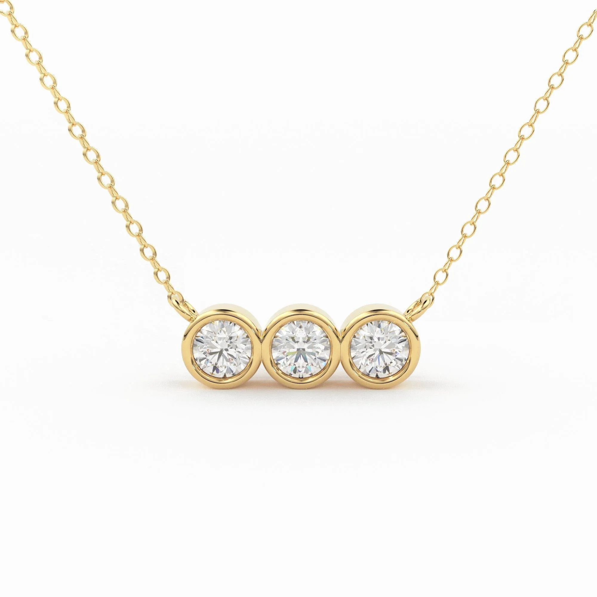 Bezel Set Diamond Necklace / 14k gold 3 bezel set diamond horizontal bar necklace with 3pt white diamonds/ Trio Dainty Diamond Necklace