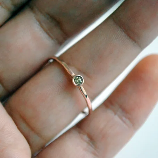 Bezel Set Minimal Champagne Diamond Engagement Ring with Hammered Band