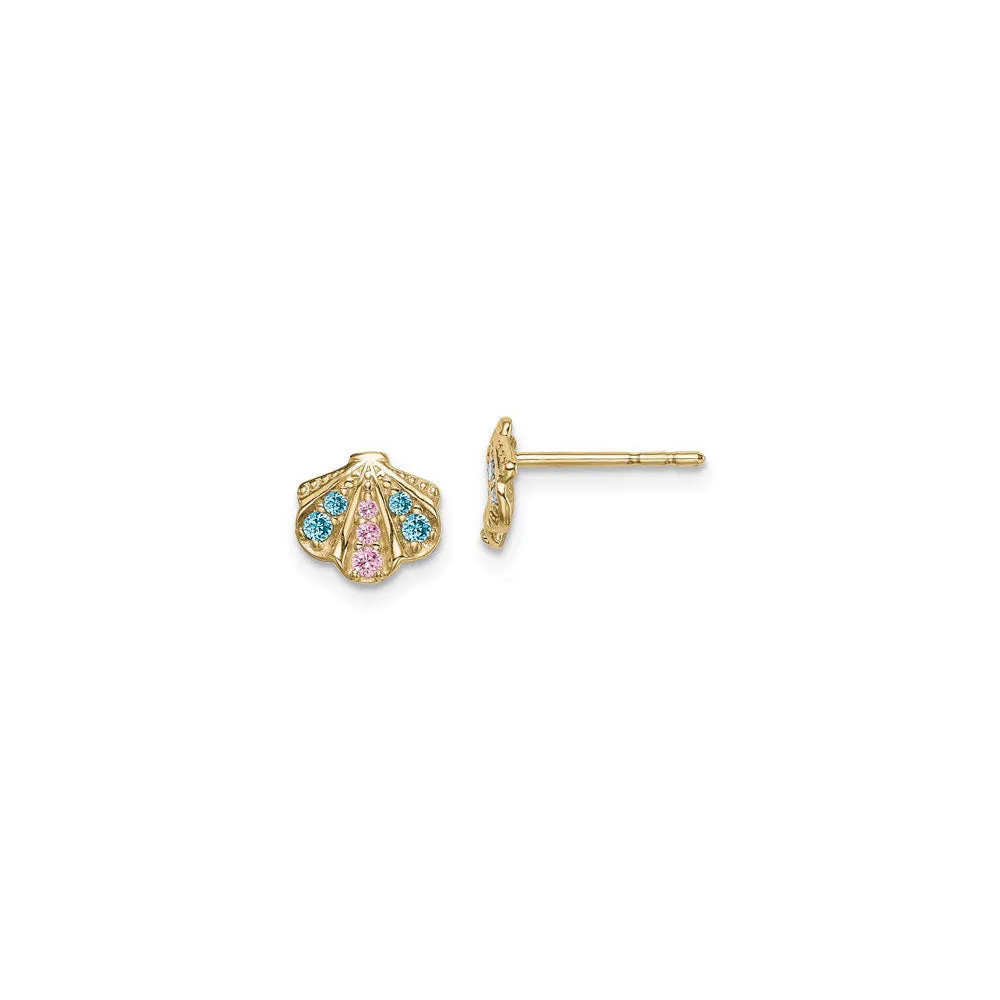 Blue and Pink CZ Seashell Stud Earrings (14K)