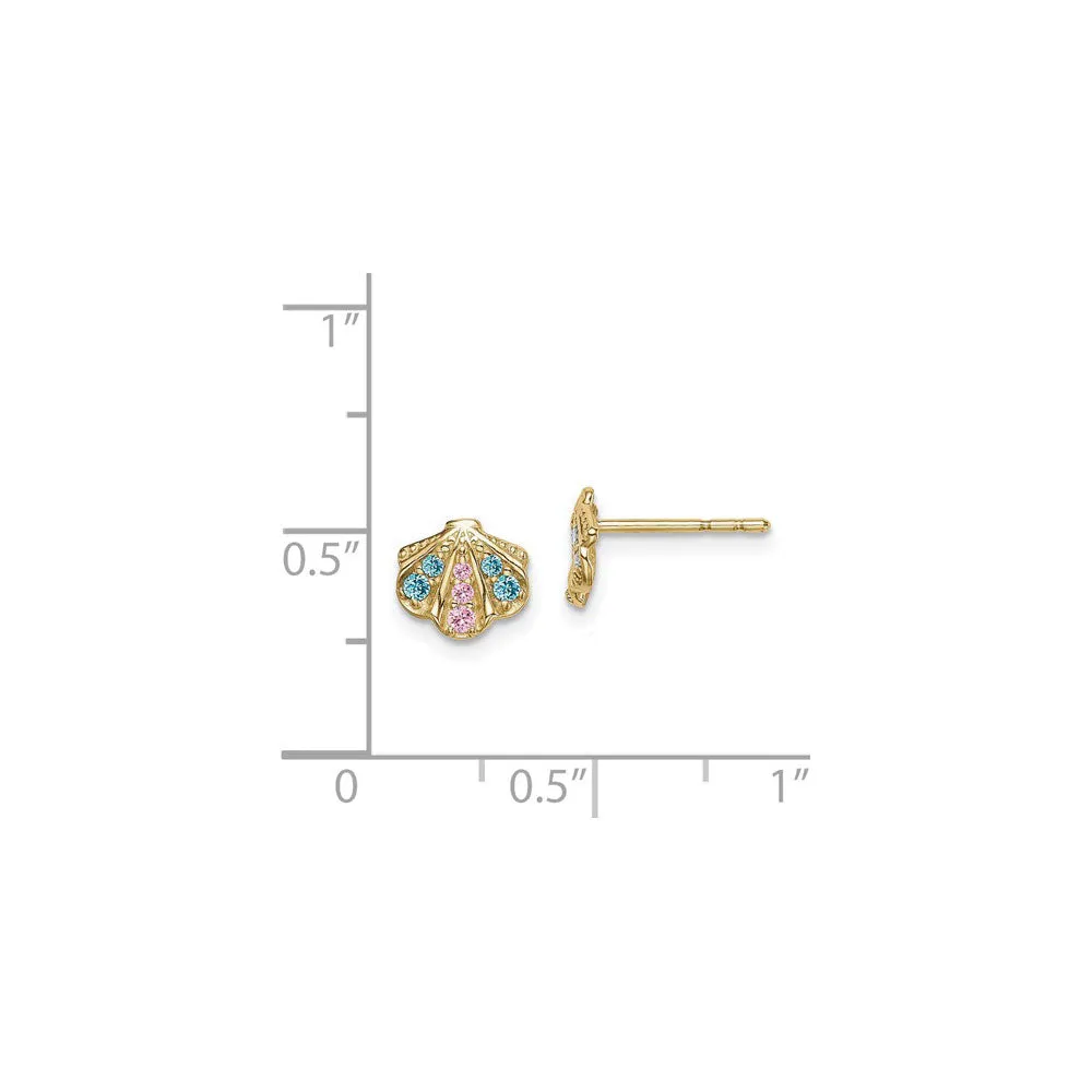 Blue and Pink CZ Seashell Stud Earrings (14K)
