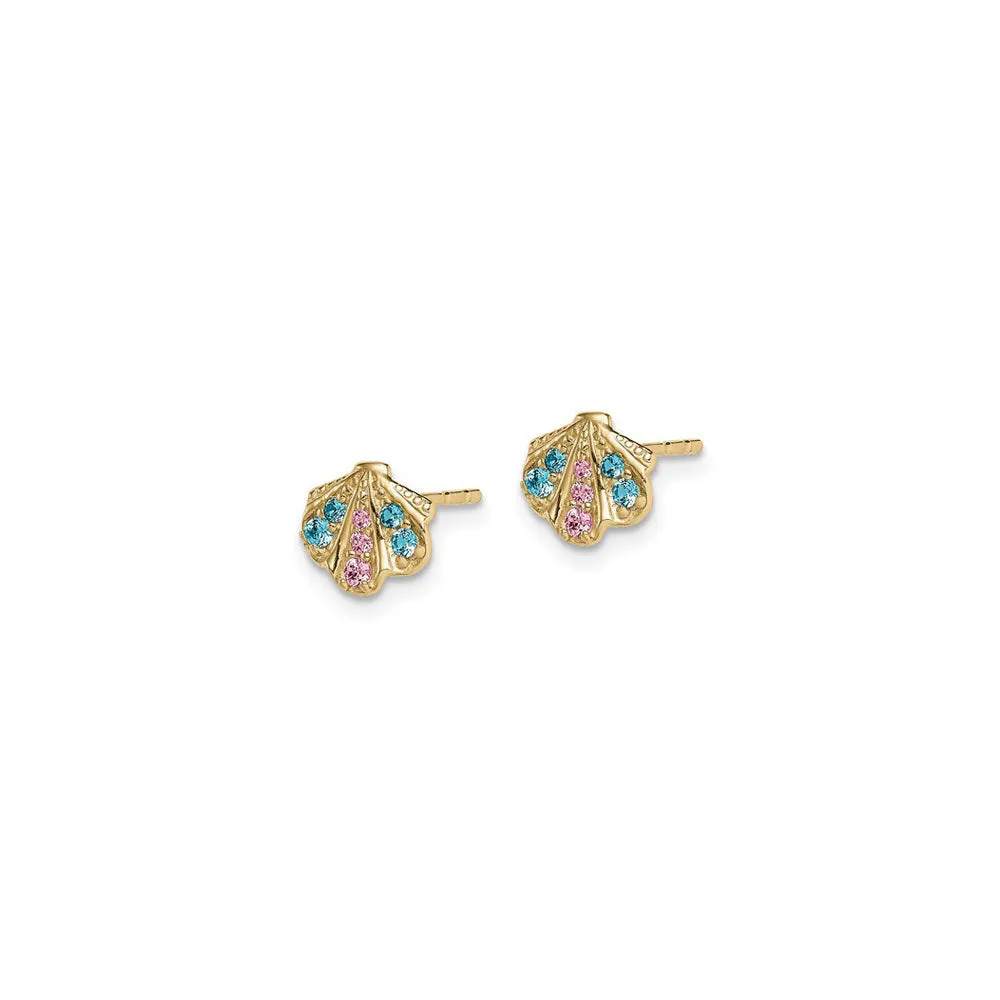 Blue and Pink CZ Seashell Stud Earrings (14K)