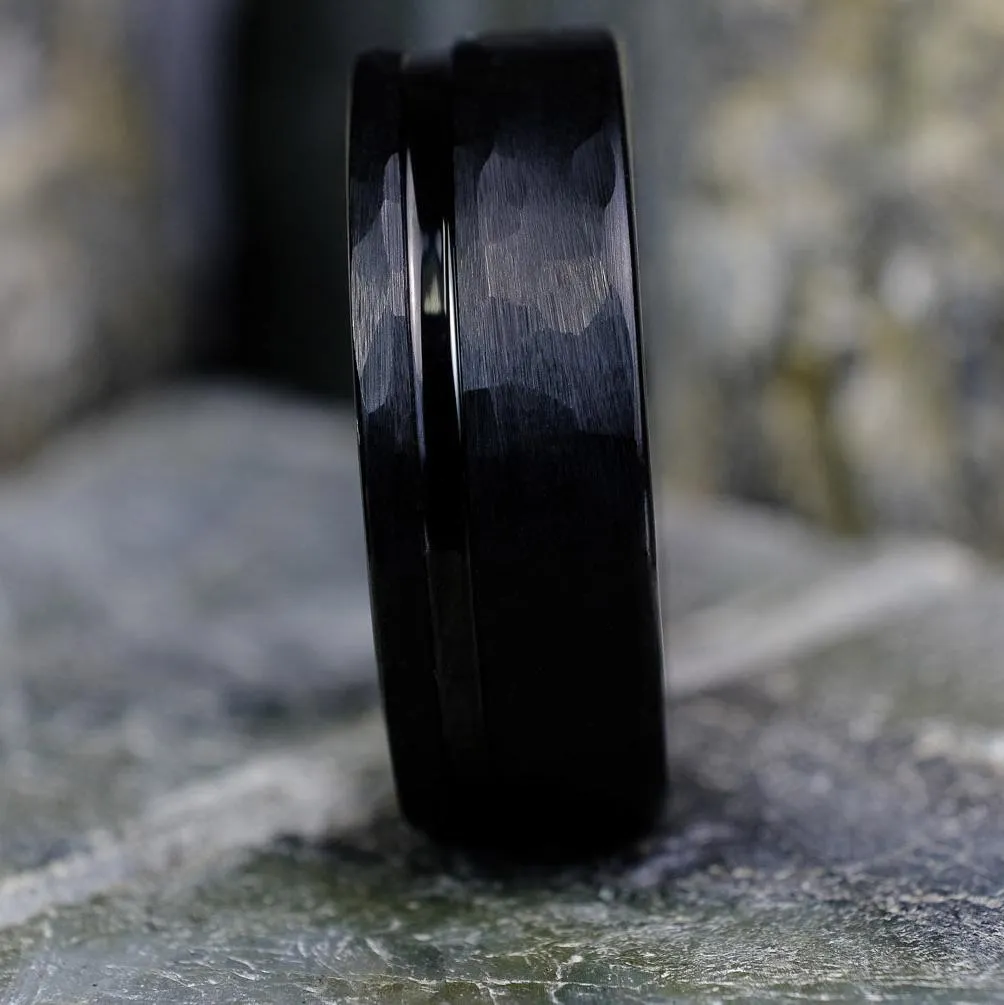 Bold Hammered Black Band with Stripe - 8mm