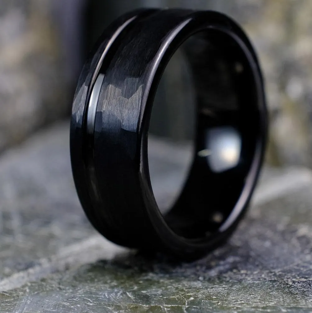 Bold Hammered Black Band with Stripe - 8mm