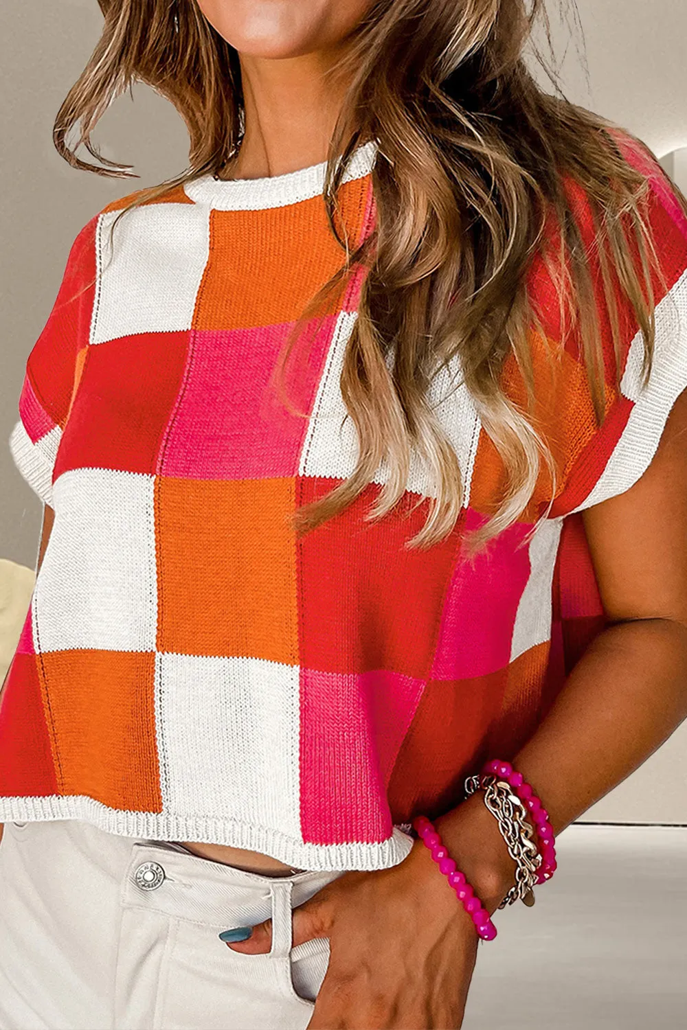 Bridger Color Block Round Neck Cap Sleeve Knit Top