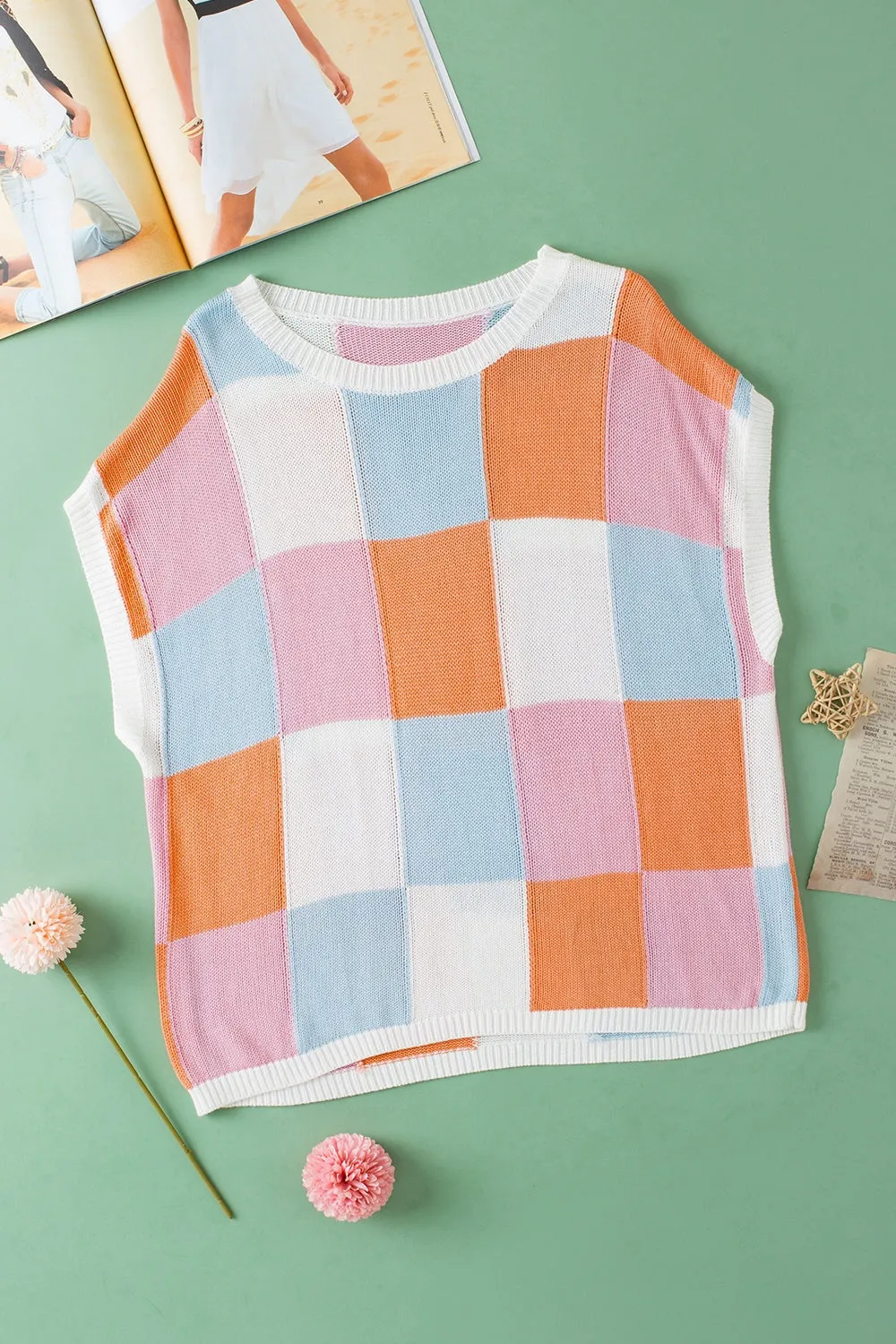 Bridger Color Block Round Neck Cap Sleeve Knit Top