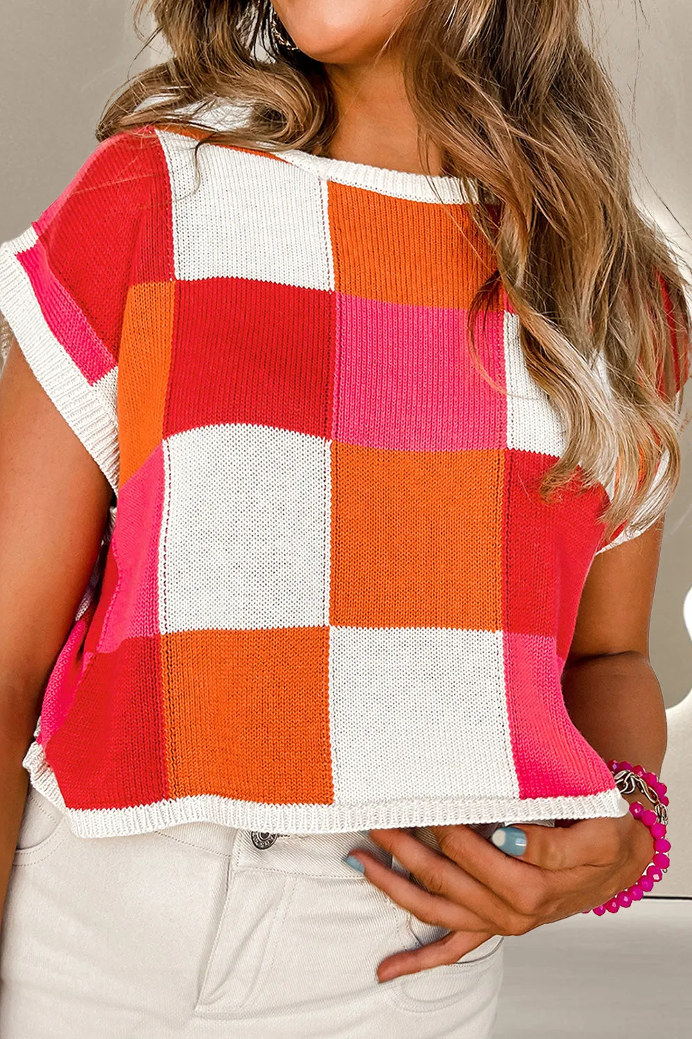 Bridger Color Block Round Neck Cap Sleeve Knit Top