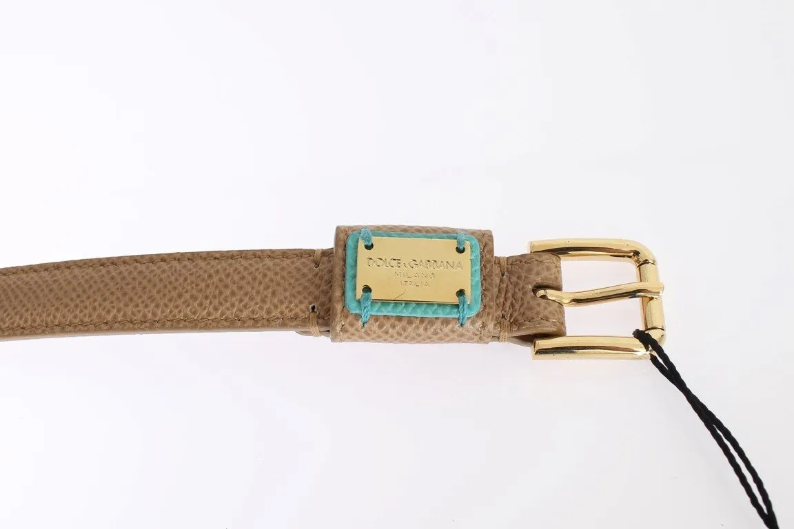 Brown Leather Gold Buckle Logo Waist Belt